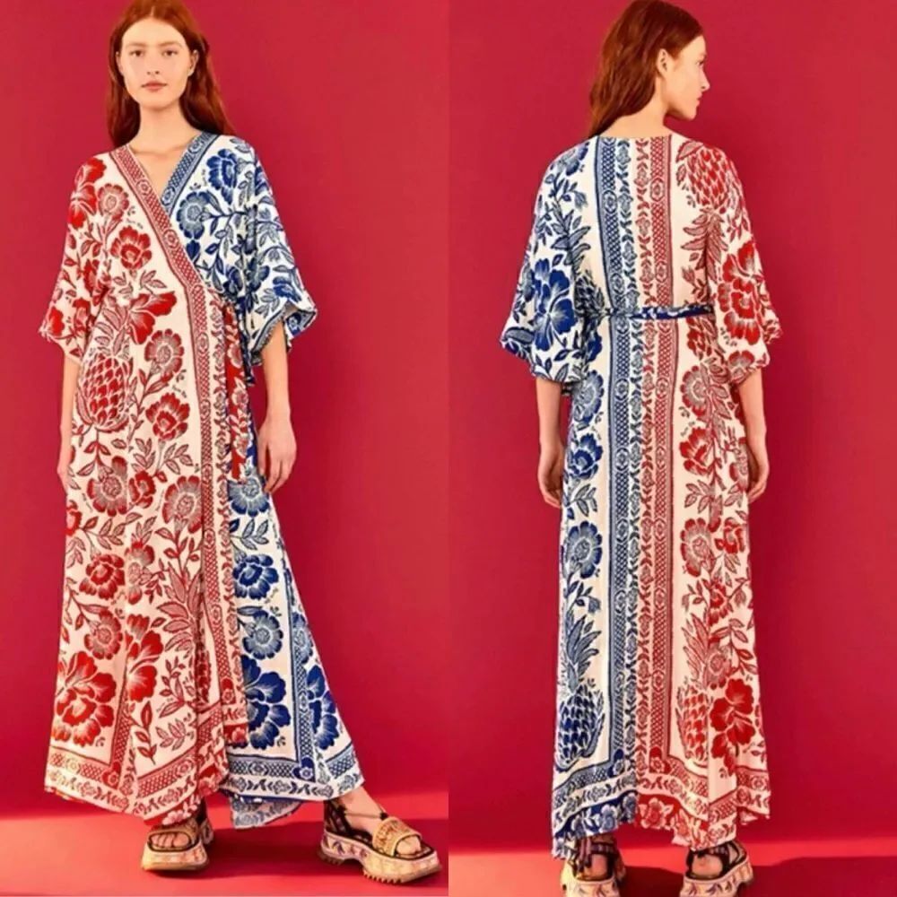 Farm Rio Mixed Maxi Red Blue Dress Pineapple Wrap Size XS